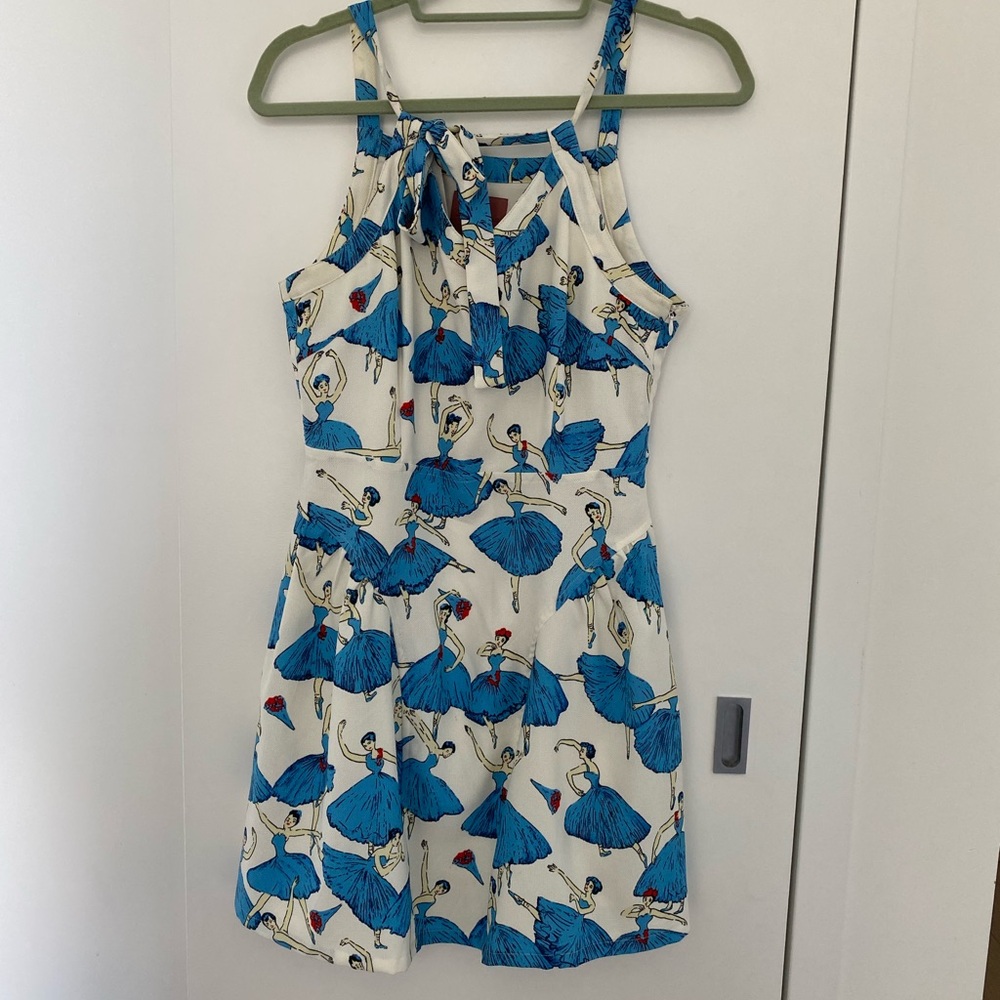 Anthropologie I. Madeline Bow Mini Dress Ballerinas Size Medium White Blue Print